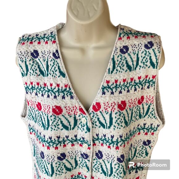 Northern Reflections Knit Sweater Vest Button Up Confetti Striped Floral Tulips - Picture 2 of 8